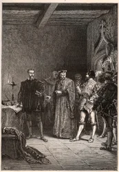 Luis de Berquin (1485-1529), caballero y humanista, reformador religioso, liberado por Jean de la Barre (1523-1533) preboste de París - Luis de Berquin (izquierda) liberado de prisión por Jean de la Barre - grabado de “L