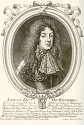 Luis de Borbón, Príncipe de Condé, 1668 - 1710. Príncipe de la sangre en la corte francesa de Luis XIV. De Les Heures Libres publicado en 1908
