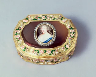 Caja de rapé ovalada de Luis XV, por Gabriel Gallois, París, 1738 (oro, ágata y esmalte)