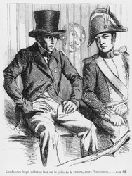 Lucien de Rubempre y Vautrin arrestados, ilustración de Esplendores y Miserias de las Cortesanas por Honoré de Balzac, publicado en 1867