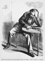 Lucien de Rubempré pensando en el suicidio, ilustración de Splendeurs et Misères des Courtisanes de Honoré de Balzac, publicado en 1867