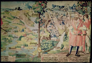 Lugdus (1672-21 a.C.) ante una representación de la Ciudad de Lyon, taller de Arras, c.1530