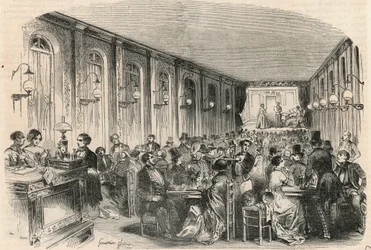 Impresión lírica del pasaje Jauffroy en París en el siglo XIX - Grabado en "Tableau-de-Paris" de Edmond Texier 1852