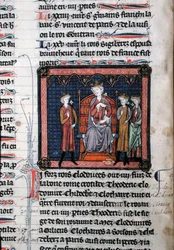 MS.782 Childeric II (c.650-675), Clodomir (c.495-524) y posiblemente Teodorico, representados bajo la protección del Rey Clotario I (c.497-561), sentados en un trono, miniatura de las Crónicas de Saint-Denis