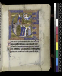 MS 300 f.107r, David reza a Dios (arriba), dos clérigos (abajo), del Salterio y Horas de Isabel de Francia, París, c.1265-70