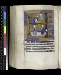 MS 300 f.125v, David reza a Dios (arriba); Dios con orbe y Cristo con libro sentado en un banco (abajo), del Salterio y Horas de Isabel de Francia, París, c.1265-70