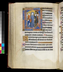 La burla de Cristo con Jesús, rodeado de torturadores, incluyendo dos hombres con gorros judíos, del Salterio y Horas de Isabel de Francia, París, c.1265-70