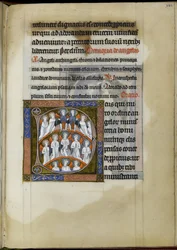MS 300 f.199r, sufragio a los ángeles, folio del Salterio-Horas de Isabel de Francia, c.1265-70 (pluma y tinta, témpera y oro sobre vitela)