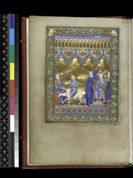 MS 300 f.Vv, David, entronizado, envía a Salomón a Sadoc y Natán que lo coronan y ungen, del Salterio y Horas de Isabel de Francia, París, c.1265-70