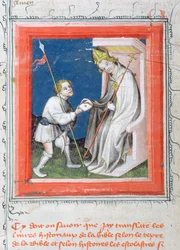 MS 313 Mensajero entregando una carta del rey de Francia a un obispo, miniatura de la Biblia de Guiart des Moulins