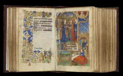 MS 39-1950 f.60v-61r La Visitación (oro, plata y tinta de colores sobre pergamino)