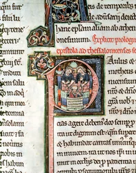 MS 3 Fol. 291v La fuga de San Pablo de Damasco, letra inicial iluminada P, siglo XIII, de la Biblia de Avranches