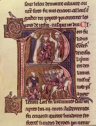 Inicial historiada R que representa al Rey Balduino I de Flandes (1171-1205) siendo coronado como el Emperador Latino en 1204 y su generosidad hacia una mujer turca enviando a su hijo
