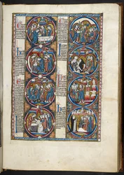 MS. Harley 1527, f.77r, miniaturas de la Bible moralisée (vitela)