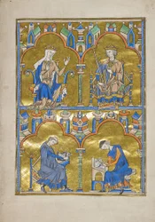 MS M.240 f.8r, Blanca de Castilla y el Rey Luis IX de Francia y abajo: Autor dictando a un escriba, Biblia de San Luis (Biblia Moralizada), probablemente París