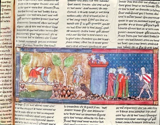 Lancelot demuestra su amor por Ginebra cruzando un río con un puente de espada afilada, del Roman de Lancelot du Lac, 1344