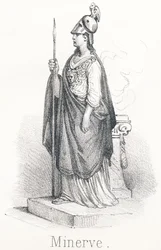M Minerva: Diosa nacida de la cabeza de Júpiter, armada con pie en capa y lanza en mano Bajo el nombre de Minerva, era diosa de la sabiduría y bajo el nombre de Pallas, era diosa de la guerra