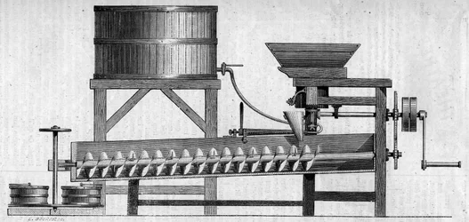 Máquina para hacer mortero de concreto. Grabado en “Le Monde Illustré” n°55 del 1 de mayo de 1858.