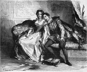 Madame de Sauve, actuando para la reina Catalina de Médicis, sedujo al rey Enrique de Navarra (1553-1610). Grabado en “La historia de la prostitución y la depravación entre todos los pueblos del mundo desde la antigüedad hasta el presente” por el Dr. Th. -