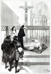 Madame de Sazilles es exorcizada en presencia del duque Gaston de Orleans, ilustración para los poseídos de Loudun en Les Mystères de la Science por Louis Figuier, 1886