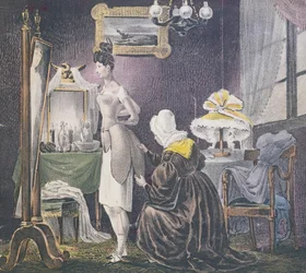 Doncella ayudando a su ama a vestirse con relleno para senos y trasero, c.1830
