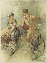 Hombre en bicicleta haciendo proposiciones a una doncella (cromolito)