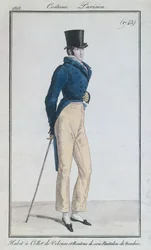 Traje de hombre con cuello de terciopelo, botones de seda y pantalones de nankeen, 1816