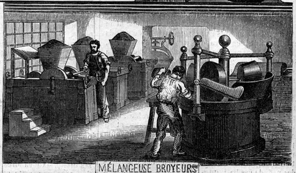 Fabricación de chocolate: máquinas de mezcla y molienda. Usine de M. Masson, París.