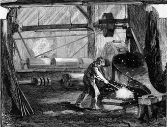 Fabricación de cañones de rifle: las tiras de hierro están en blanco rojo. Grabado en "Le Monde Illustré" n°35 del 12 de diciembre de 1857.