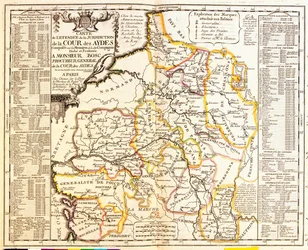 Mapa de los territorios franceses bajo impuestos, 1709, de Le Theatre du Monde por Jean-Baptiste Nolin, publicado en 1717 (grabado coloreado a mano)
