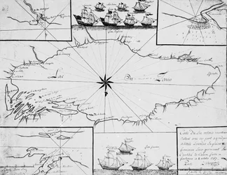 Mapa del Lago Ontario con las flotas inglesa y francesa