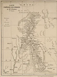 Mapa de Laos y el río Mekong mostrando la ruta del viaje de Henri Mouhot, ilustración de Viajes en las Partes Centrales de Indochina (Siam), Camboya y Laos Durante los Años 1858, 1859