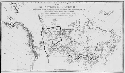Mapa de América del Norte, trazando las expediciones de Sir Alexander Mackenzie en 1789 y 1798 al Océano Ártico