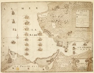 Mapa del puerto de Placentia, Canadá (pluma y tinta sobre papel)