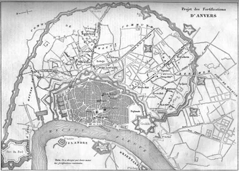 Mapa de la ciudad de Amberes (Bélgica) en 1859; representando el proyecto de las nuevas fortificaciones. Grabado en “Le Monde Illustré” n°128 del 24 de septiembre.