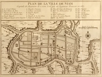 Mapa de la ciudad de Siam, capital del reino del mismo nombre según un levantamiento realizado por un ingeniero francés en 1687, publicado en la edición de 1751 de Histoire Generale des Voyages por Antoine Prevost