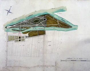 Mapa del jardín de Moulin Joly. Lámina del atlas de planos del territorio de Colombes (1780), conservada en los Archivos Nacionales.