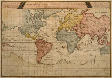 Mapa que muestra las rutas comerciales mundiales, cartografía de Pierre Duval (1619-83) publicada en 1686, París