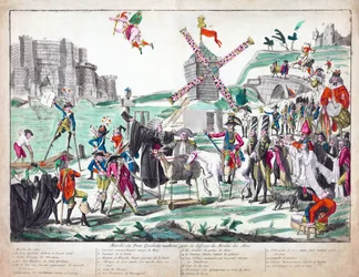 Marcha del Don Quijote Moderno para la Defensa del Molino de los Abusos, publicada en 1791 (aguafuerte coloreado a mano)