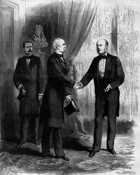 Mariscal Patrice de Mac Mahon (Mac-Mahon) (1808-1893) felicita a su sucesor en la presidencia de la República Francesa, Jules Grévy (1807-1892). Grabado en "Le Monde Illustré" n°1141 del 8 de febrero