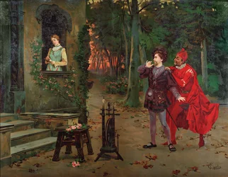 Marguerite, Fausto y Mefistófeles Escena de Fausto por Charles Gounod (1818-1893). circa 1900.