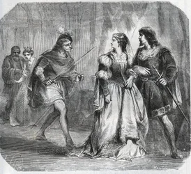 Margarita de Baviera, Duquesa de Borgoña (1363-1423) y la Reina Isabeau (Isabelle, Elisabeth) de Baviera (1371-1435) separan a Luis I de Valois, Duque de Orleans (1372-1407) y Juan Sin Miedo, Duque de Borgoña (1371-1419), que luchan por el gobierno de