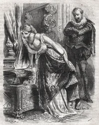 Margarita de Valois (1553-1615), conocida como Reina Margot, esconde a Julien de Leris, su amante, en una caja fuerte. Su esposo, el Rey Enrique IV de Francia (1553-1610), observa la escena con diversión. Siglo XVI. Grabado de 1871 en “Histoire Des Cocuses