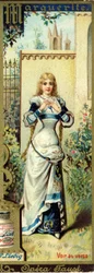 Margarita en la ópera Fausto de Charles Gounod creada en 1859, después de la obra de Johann Wolfgang von Goethe. Alfabeto de nombres femeninos sobre el tema: trajes femeninos y óperas. Cromolitografía publicitaria de Liebig