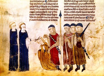 Margarita de Borgoña (1290-1315), esposa del rey francés Luis X, se corta el pelo por adulterio (vitela)