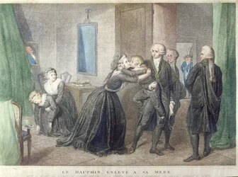 María Antonieta (1755-1793) se despide de su hijo el Delfín, Luis Carlos de Borbón (1785-1795) en el Templo, 3 de julio de 1793 (grabado en color)