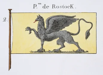 Bandera marítima con emblema de grifo que denota el escudo de Rostock, de un libro francés de banderas, c.1819