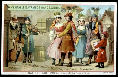Costumbres matrimoniales: regreso de la ceremonia en Galicia, Austria - cromo. Liebig, v. 1895