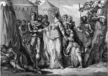 Matrimonio de Childerico I (ca. 436-481 o 482), Rey de los Francos Salienses, con Basina de Turingia (445-491), en 463. Grabado del siglo XVIII