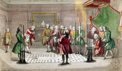 Ceremonia Masónica en Francia (grabado en color)